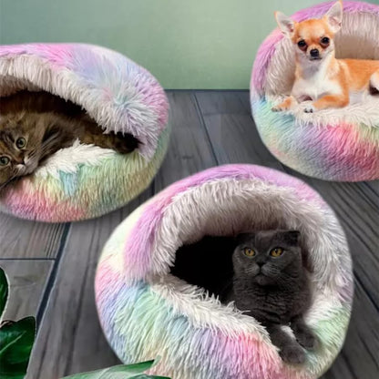 Cat Bed Round Fluffy Hooded Cat Bed Cave, Anti-Anxiety Cave Bed with Hooded Blanket, Cozy Cuddler Luxury Puppy Pet Bed, Anti-Slip Bottom and Machine Washable - color: Rainbow, size: Medium