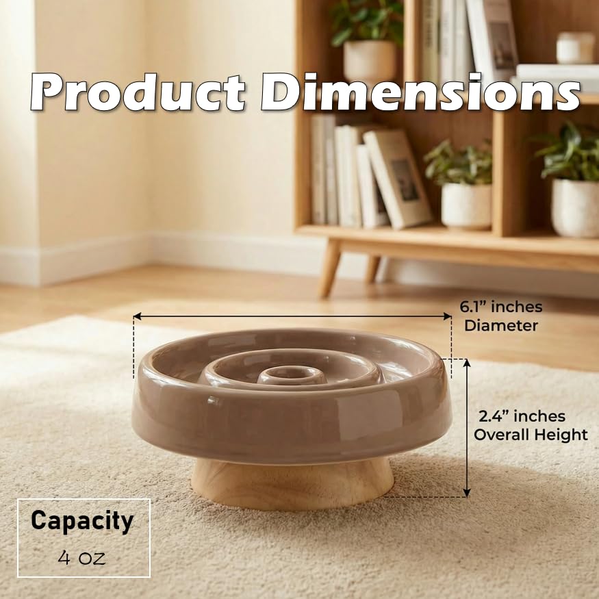 Ceramic Cat Slow Feeder, Raised Slow Feeder Cat Bowl, Anti Vomiting and Whisker Friendly Kitty Dish, Elevated Puppy Kitten Food Bowl for Dry and Wet Food (Brown) - color: Brown