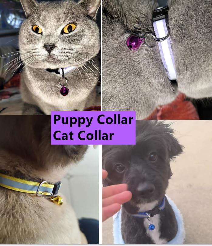 Cat Collar with Bell - 12pcs Mixed Colors Reflective Collars for Cats or Small Dogs, Soft Nylon, Neck 7.8" - 13"