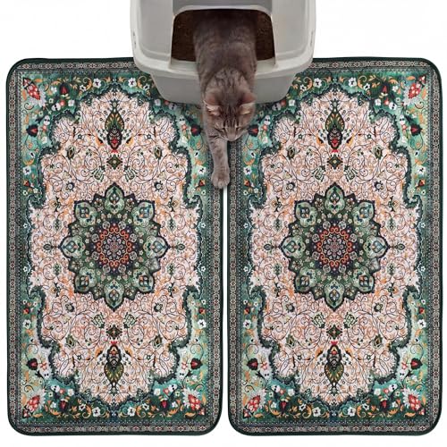 Hompet Cat Litter Mat 2 Pack, 18x28 Machine Washable Trapping Mats for Cats, Super Absorbent & Urine-Proof Cat Litter Box Mat for Floor, Waterproof & Non Slip Kitty Litter Rug - color: Green Mandala, size: 18x28 Inch (Pack of 2)