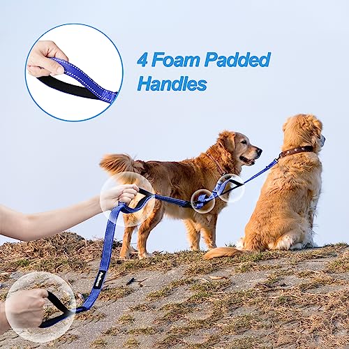 Double Dog Leash, No Tangle Dual Leash, Reflective Walking Training Lead, 4 Comfortable Padded Handles for 2 Dogs with Collapsible Bowl and Waste Bags (Blue, Large) - color: Blue