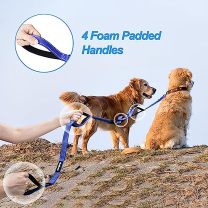 Double Dog Leash, No Tangle Dual Leash, Reflective Walking Training Lead, 4 Comfortable Padded Handles for 2 Dogs with Collapsible Bowl and Waste Bags (Blue, Large) - color: Blue
