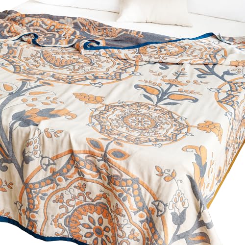 MEJU Vine Flower Boho Garden Mandala Muslin All Season Throw Blanket for Bed Sofa Couch, 100% Combed Cotton 4 Layer Soft Warm Retro Reversible Throw Blanket Bed Coverlet Twin 60 in x 80 in - color: Mandala, size: Twin 60 in x 80 in