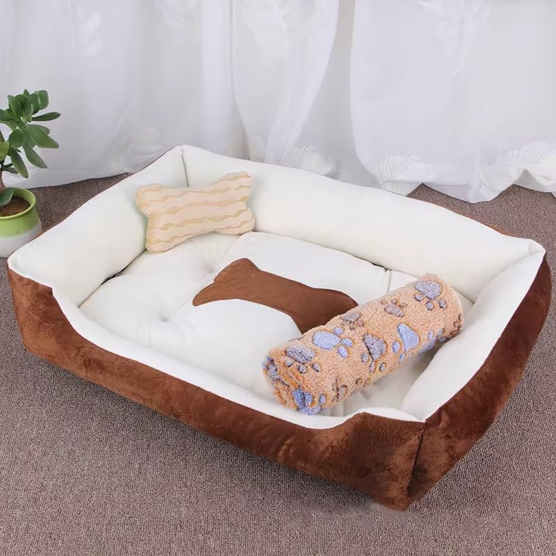 Plush Pet Bed, Soft Cushioned Dog Sofa with Bolster Pillows Breed Dogs Cotton Fill Side Bolster Washable (Brown and White, Medium) - color: brown and white, size: Medium