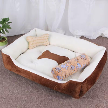 Plush Pet Bed, Soft Cushioned Dog Sofa with Bolster Pillows Breed Dogs Cotton Fill Side Bolster Washable (Brown and White, Medium) - color: brown and white, size: Medium
