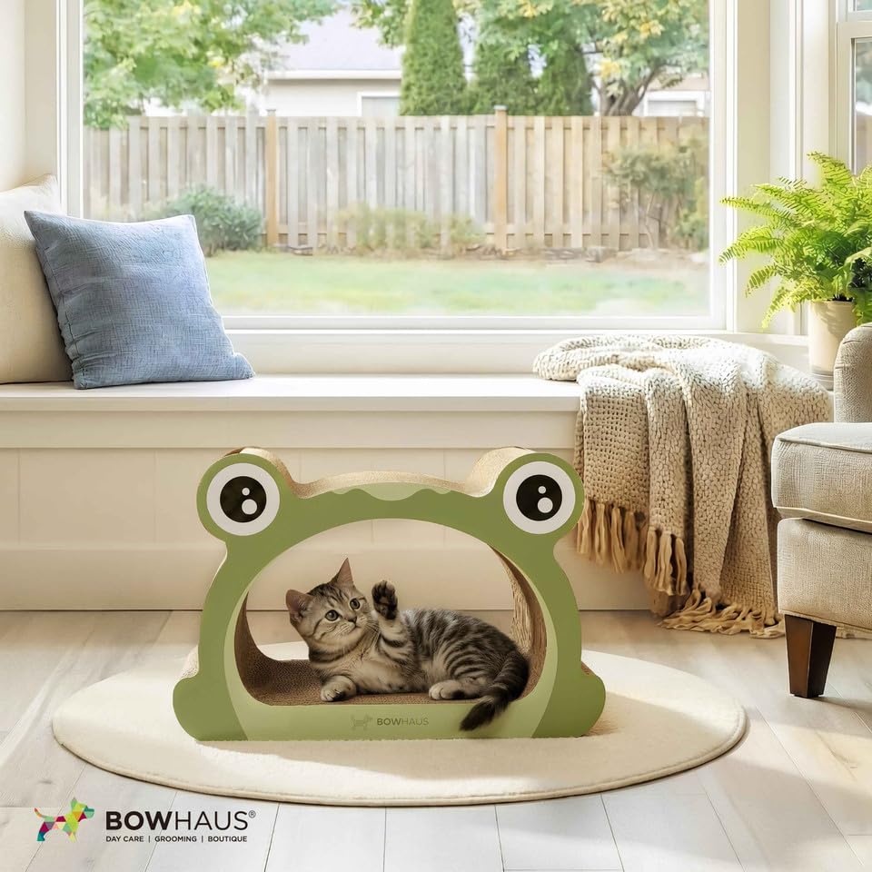 BOWHAUS Frog Style Cat Scratching Board, Cat Scratcher Lounger with Play Ball for Indoor Cat, Durable & Long-Lasting Scratching Board Cardboard, Furniture Protector Scratching Pad