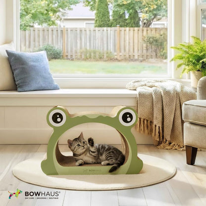 BOWHAUS Frog Style Cat Scratching Board, Cat Scratcher Lounger with Play Ball for Indoor Cat, Durable & Long-Lasting Scratching Board Cardboard, Furniture Protector Scratching Pad