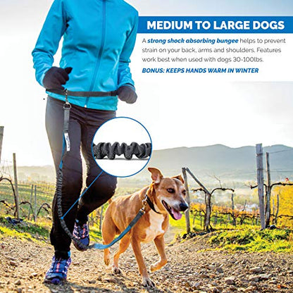 Tuff Mutt Hands-Free Waist Leash for Dog Walking, Running and Hiking, Adjustable Belt with Double Handle, Reflective Bungee Design for Large & Medium Dogs - color: gray/teal