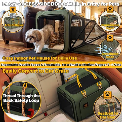 PAWZIDEA Expandable Large Pet Carrier with Wheels, 24x16x16 in Rolling Cat Carrier for 2–4 Cats up 55lb, Soft-Sided Collapsible Small Medium Dog Crate for Car Travel, Telescopic Handle, Storage Pocket - color: Dark Green-Wheels-XL
