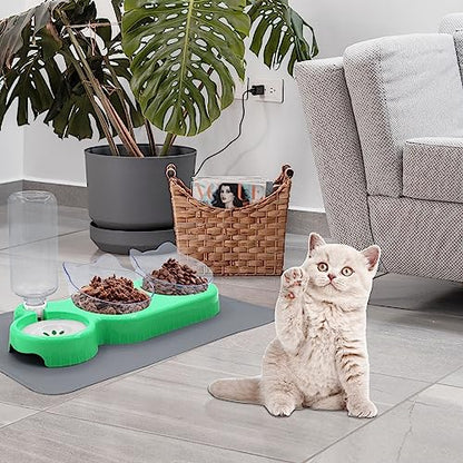 Triple Cat Bowls with Water Dispenser, Pet Whisker Friendly Water and Food Bowl Set with Non-Slip Mat, 15° Tilted Double Feeding Bowls, Elevated Wet and Dry Food Dish for Kitten&Small Dog (Mint) - color: Mint