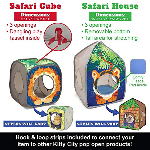 Kitty City Safari Jungle Tiger Pop-Up Cat House, Collapsible Indoor Cat Hideout with Peekaboo Openings, Lightweight Foldable Cat Playhouse - color: C) Safari Jungle Tent House