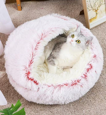 Cat Bed Round Fluffy Hooded Cat Bed Cave, Anti-Anxiety Cave Bed with Hooded Blanket, Cozy Cuddler Luxury Puppy Pet Bed, Anti-Slip Bottom and Machine Washable (Pink, Medium) - color: Pink, size: Medium