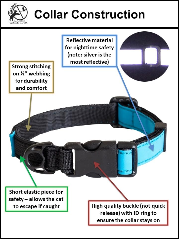 CatGoods Reflective Blue Stretch Cat Collar – Escape-Safe Alternative to Breakaway, Adjustable, Comfortable, ID and Bell Attachment - color: Light Blue