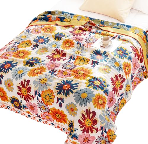 MEJU Daisy Flower Colorful All Season Boho Reversible Rustic Farmhouse Blanket for Bed Sofa Couch 100% Combed Cotton 4 Layer Soft Warm Quick Dry Throw Blanket Bed Coverlet Sheet Twin 60 in x 80 in - color: Daisy Flower, size: Twin 60 in x 80 in