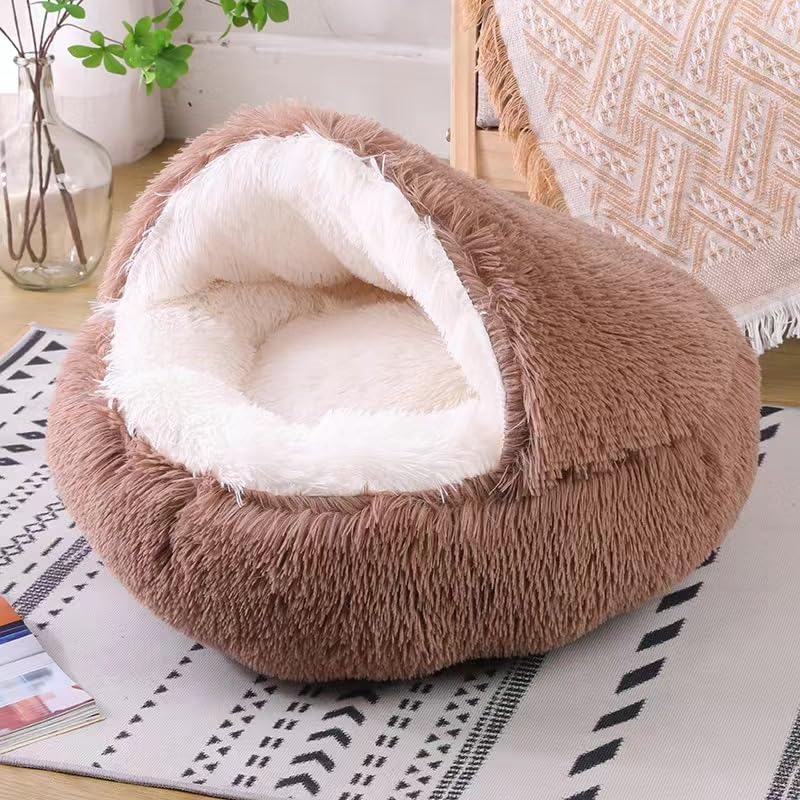 Cat Bed Round Fluffy Hooded Cat Bed Cave, Anti-Anxiety Cave Bed with Hooded Blanket, Cozy Cuddler Luxury Puppy Pet Bed, Anti-Slip Bottom and Machine Washable (Brown, Medium) - color: Brown, size: Medium