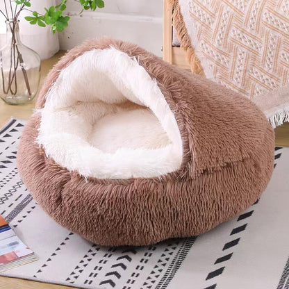 Cat Bed Round Fluffy Hooded Cat Bed Cave, Anti-Anxiety Cave Bed with Hooded Blanket, Cozy Cuddler Luxury Puppy Pet Bed, Anti-Slip Bottom and Machine Washable (Brown, Medium) - color: Brown, size: Medium