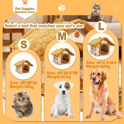 Warm Bear Cave Cat Bed, Enclosed Plush House with Removable Washable Cushion (Multiple Sizes), Cozy Indoor Pet Shelter for Cats, Kittens, Dog & Animals (S) - size: S