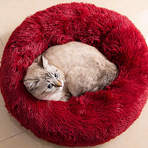 Cat Beds for Indoor Cats - Cat Bed Washable 20/24 inches, Dog Beds for Small Medium Dogs, Anti Anxiety Round Fluffy Plush Faux Fur Cat Bed, Thick Bottom (Red, Medium) - color: Red, size: Medium