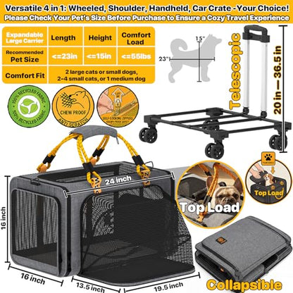 PAWZIDEA Expandable Large Pet Carrier with Wheels, 24x16x16 in Rolling Cat Carrier for 2–4 Cats up 55lb, Soft-Sided Collapsible Small Medium Dog Crate for Car Travel, Telescopic Handle, Storage Pocket - color: Mid-Hemp Gray-Wheels-XL