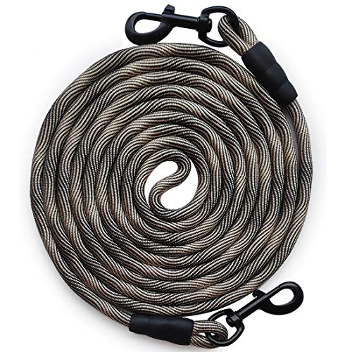Tie-Out Check Cord Long Rope Dog Leash, 12ft 20ft 30ft 50ft 75ft Dog Tether for Yard- Great for Large Medium Dogs Training, Playing, Camping, or Backyard (20ft, Beige Black) - color: Beige Black, size: 20 Foot
