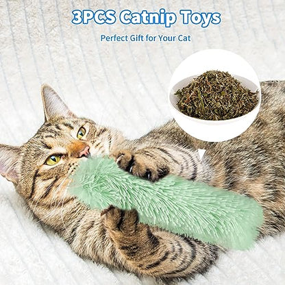 Cat Toys Cat Pillows, 3 Pack Durable and Soft Crinkle Sound Catnip Toys, Catnip Filled Cat Teething Chew Toys for Kittens, Interactive Cat Kicker Toys for Indoor Cats Entertain (Grey/Green/Yellow)