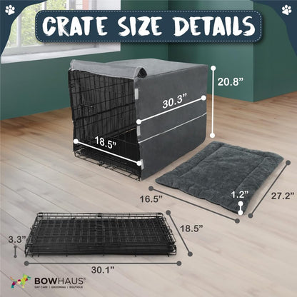 BOWHAUS 30-Inch Single Door Dog Crate Kit Includes Crate Cover and Soft Dog Bed, Indoor Dog Cage with Leak-Proof Pan, Foldable Wire Metal Dog Kennel for Small, Medium Dog - size: 18.5"L x 30.3"W x 18.5"H