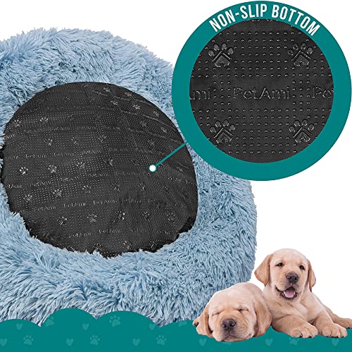 PetAmi Calming Dog Bed for Small & Medium Dogs and Cats, 30 Round Donut Dog Bed, Washable Fluffy Faux Fur Puppy & Cat Bed, Anti-Anxiety Plush Cuddler Pet Bed with Anti-Slip Bottom - Blue - color: Dusty Blue, size: Medium - 30"