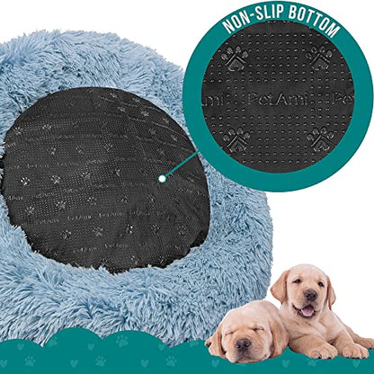PetAmi Calming Dog Bed for Small & Medium Dogs and Cats, 30 Round Donut Dog Bed, Washable Fluffy Faux Fur Puppy & Cat Bed, Anti-Anxiety Plush Cuddler Pet Bed with Anti-Slip Bottom - Blue - color: Dusty Blue, size: Medium - 30"