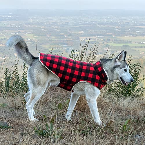 Furhaven Reversible XL Dog Coat, Washable & Insulating w/ Leash Access - Sherpa & Plaid Fleece Flex-Fit Jacket - Cream/Red, Extra Large - color: Cream/Red Plaid, size: X-Large