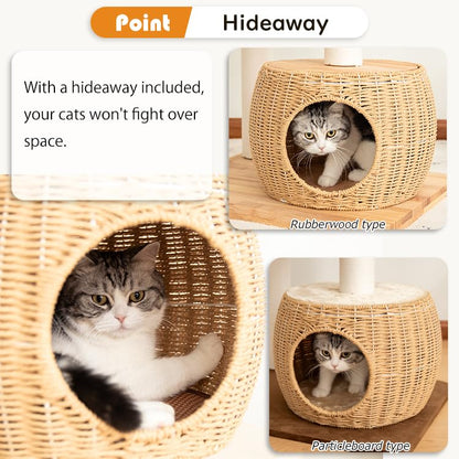 Modern Cat Tree for Large Cat, 60-Inch Tall Cat Tower with Scratching Post for Indoor Cats, Multi-Level Cat Condo with Hand-Woven Cat Bed and Acrylic Bowl (Brown-Particle Board) - color: Brown 81004D