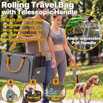 PAWZIDEA Expandable Large Pet Carrier with Wheels, 24x16x16 in Rolling Cat Carrier for 2–4 Cats up 55lb, Soft-Sided Collapsible Small Medium Dog Crate for Car Travel, Telescopic Handle, Storage Pocket - color: Mid-Hemp Gray-Wheels-XL
