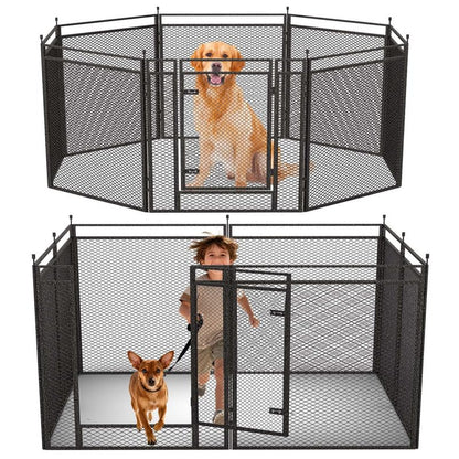 Dog Playpen with Safety Mesh, 47" Height 8 Panels Metal Dog Fence Indoor Outdoor, Portable Dog Kennel for Camping, Yard & RV | Black-Silver - size: 47'', style: 8 Panels