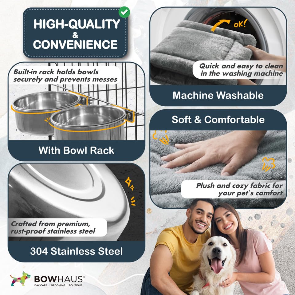 BOWHAUS 30-Inch Single Door Dog Crate Kit Includes Crate Cover, Dog Bed & 2 Bowls and Bowl Racks, Indoor Dog Cage Bundle Set, Foldable Wire Metal Dog Kennel w/Pan for Small, Medium Dog - size: w/ Two Bowls