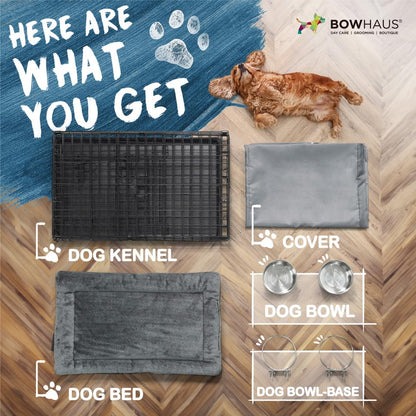 BOWHAUS 30-Inch Single Door Dog Crate Kit Includes Crate Cover, Dog Bed & 2 Bowls and Bowl Racks, Indoor Dog Cage Bundle Set, Foldable Wire Metal Dog Kennel w/Pan for Small, Medium Dog - size: w/ Two Bowls