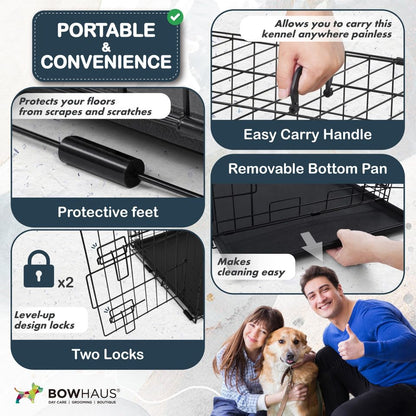 BOWHAUS 30-Inch Single Door Dog Crate Kit Includes Crate Cover, Dog Bed & 2 Bowls and Bowl Racks, Indoor Dog Cage Bundle Set, Foldable Wire Metal Dog Kennel w/Pan for Small, Medium Dog - size: w/ Two Bowls