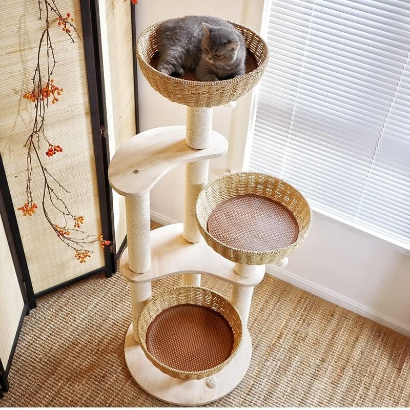 54" Modern Cat Tree for Large Cats, Wood Luxury Multi-Level Oak Solid Wood Cat Trees Cat Towers with 3 Rattan Weaving Cat Nests & Washable Cushions, Sisal Scratching Posts, for Indoor Cats-Lacquered - size: Large-Oiled1